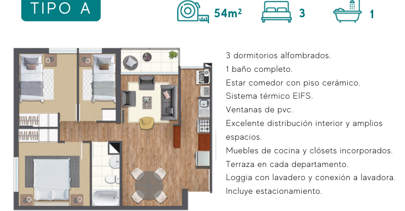 Departamento nuevo 3D1B1E, HUALPÉN